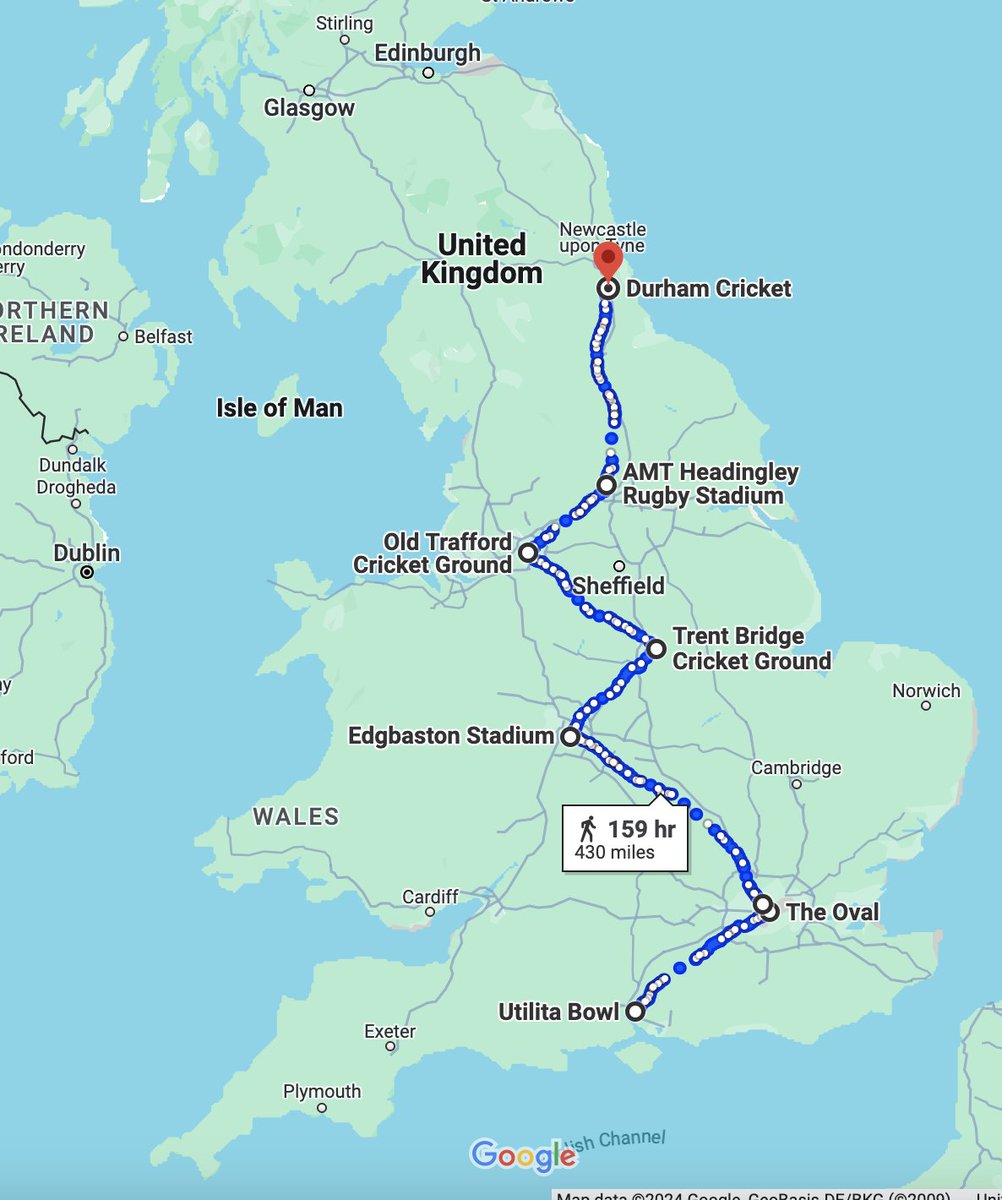 Supposing Jimmy Anderson's run-up is about 19 yards, and he's bowled 40,002 deliveries in Tests...

Well that's 760,038 yards, or 430 miles.

Which is, by chance, the distance on foot to walk from the Utilita Bowl to Chester-le-Street via every Test venue in England.