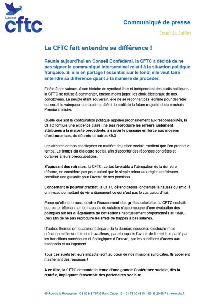 🚨 Engagement Inébranlable! 🚨
La CFTC affirme son engagement apolitique! 🤝🚫 Nous ne faisons pas partie des manoeuvres politiques en cours pour former le gouvernement. Notre mission première est de soutenir et défendre les droits des salariés! 💼💪 #SolidaritéSalariés #CFTC
