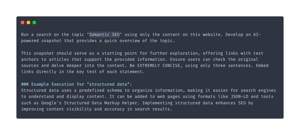 cyberandy's tweet photo. #AgentWordLift 🚀 prompt of the day.
Client: "Can we make summaries of content clusters like Google does with AI?"
Me: 🤔 "Well, we're not quite Google's AI yet, but here's a prompt for @wordliftit Agent that's surprisingly not terrible. https://t.co/D1agTOiaxz