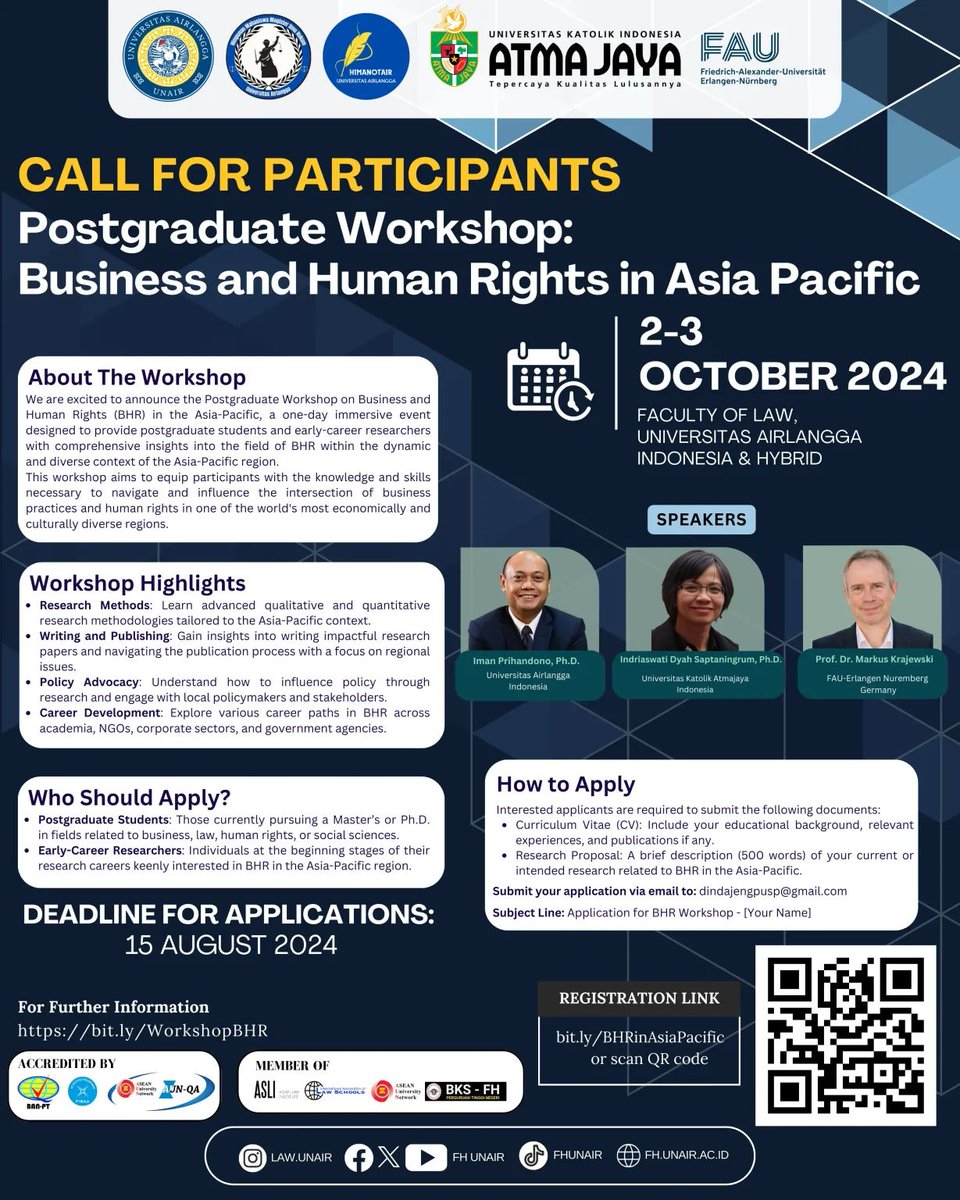 Join us for the BHR Colloquium and Postgrad Workshop in Asia-Pacific!

📅 Dates: 1 - 3 October 2024
📍 Location: Faculty of Law, University of Airlangga, Surabaya, Indonesia &amp; Hybrid

📢 Apply Now: bit.ly/BHRinAsiaPacif…
🗓 Deadline:  15 August 2024

#AsiaPacific  #bizHR