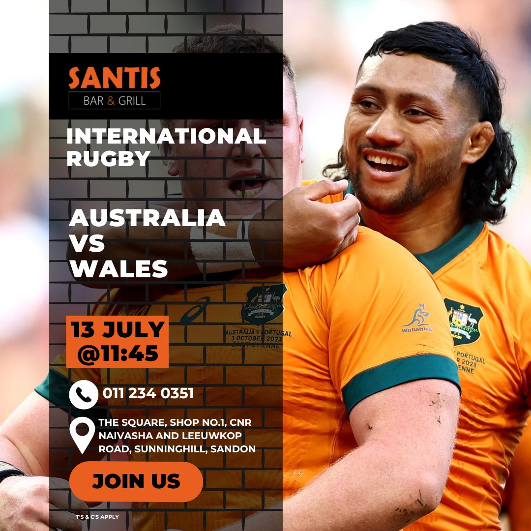 SantisBarGrill's tweet image. 🏉 Watch Australia take on Wales at Santis Bar and Grill on July 13th at 11:45!

Join us for a thrilling game and great company. 🎉🏉

#AUSvsWAL #InternationalRugby #SantisBarAndGrill #webchanges #santiswebchanges 🍻🏟️