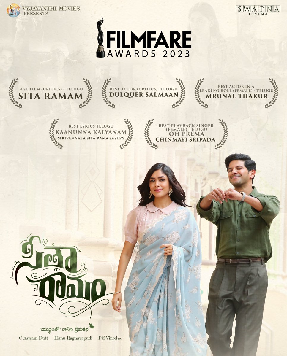 Vyjayanthi Movies (@vyjayanthifilms) on Twitter photo Celebrating #SitaRamam today and every day… This film holds a special place in our hearts 💖
Thank you <a href="/filmfare/">Filmfare</a> we are truly honoured & grateful.
<a href="/dulQuer/">Dulquer Salmaan</a> <a href="/mrunal0801/">Mrunal Thakur</a> <a href="/iamRashmika/">Rashmika Mandanna</a> <a href="/iSumanth/">Sumanth</a> <a href="/hanurpudi/">Hanu Raghavapudi</a> <a href="/AshwiniDuttCh/">Chalasani Aswini Dutt</a> <a href="/Composer_Vishal/">Vishal Chandrashekhar</a> <a href="/VyjayanthiFilms/">Vyjayanthi Movies</a> <a href="/SwapnaCinema/">Swapna Cinema</a> Celebrating #SitaRamam today and every day… This film holds a special place in our hearts 💖
Thank you <a href="/filmfare/">Filmfare</a> we are truly honoured & grateful.
<a href="/dulQuer/">Dulquer Salmaan</a> <a href="/mrunal0801/">Mrunal Thakur</a> <a href="/iamRashmika/">Rashmika Mandanna</a> <a href="/iSumanth/">Sumanth</a> <a href="/hanurpudi/">Hanu Raghavapudi</a> <a href="/AshwiniDuttCh/">Chalasani Aswini Dutt</a> <a href="/Composer_Vishal/">Vishal Chandrashekhar</a> <a href="/VyjayanthiFilms/">Vyjayanthi Movies</a> <a href="/SwapnaCinema/">Swapna Cinema</a>