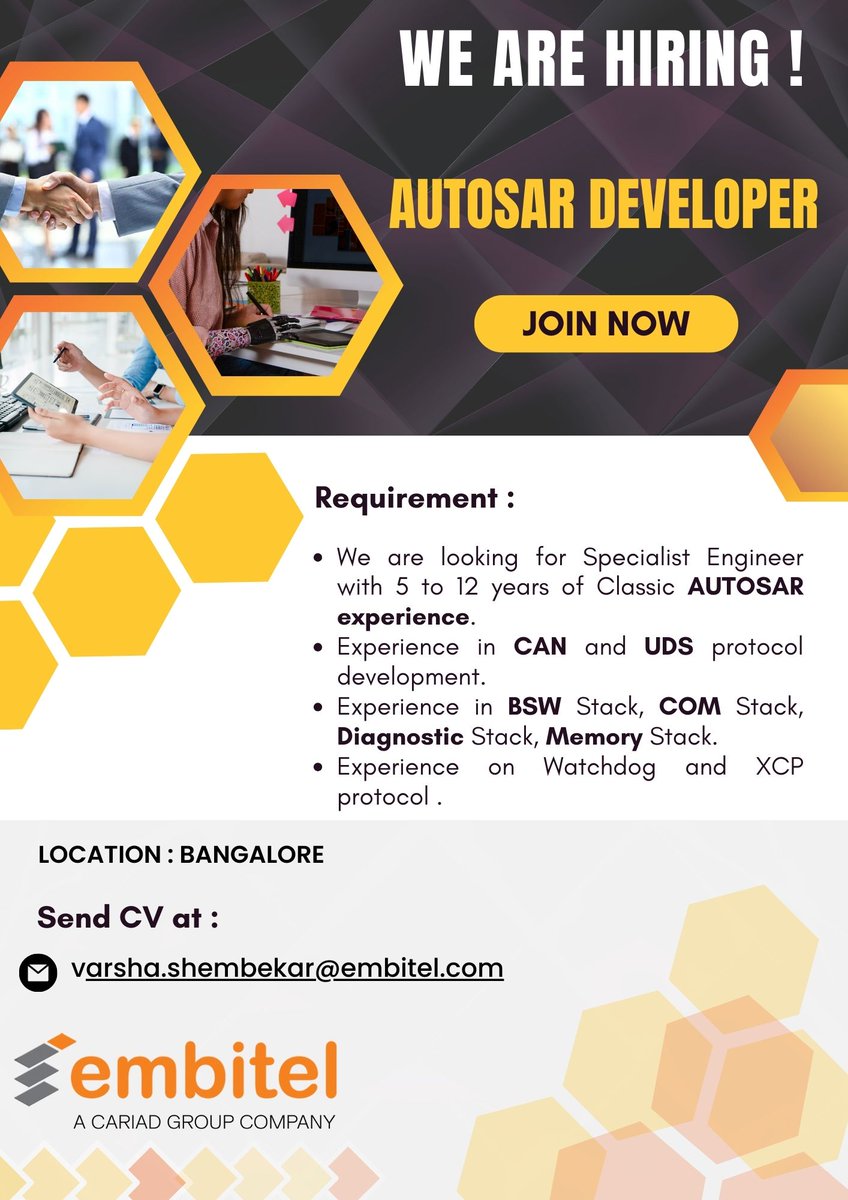 embitel's tweet image. #HiringAlert
We are seeking a specialist engineer with experience in Classic #AUTOSAR to join our vibrant #AutomotiveEngineering team.

Interested candidates can directly connect with the recruiter at 
📩 varsha.shembekar@embitel.com 📩

#AutomotiveJobs #JobOpenings
