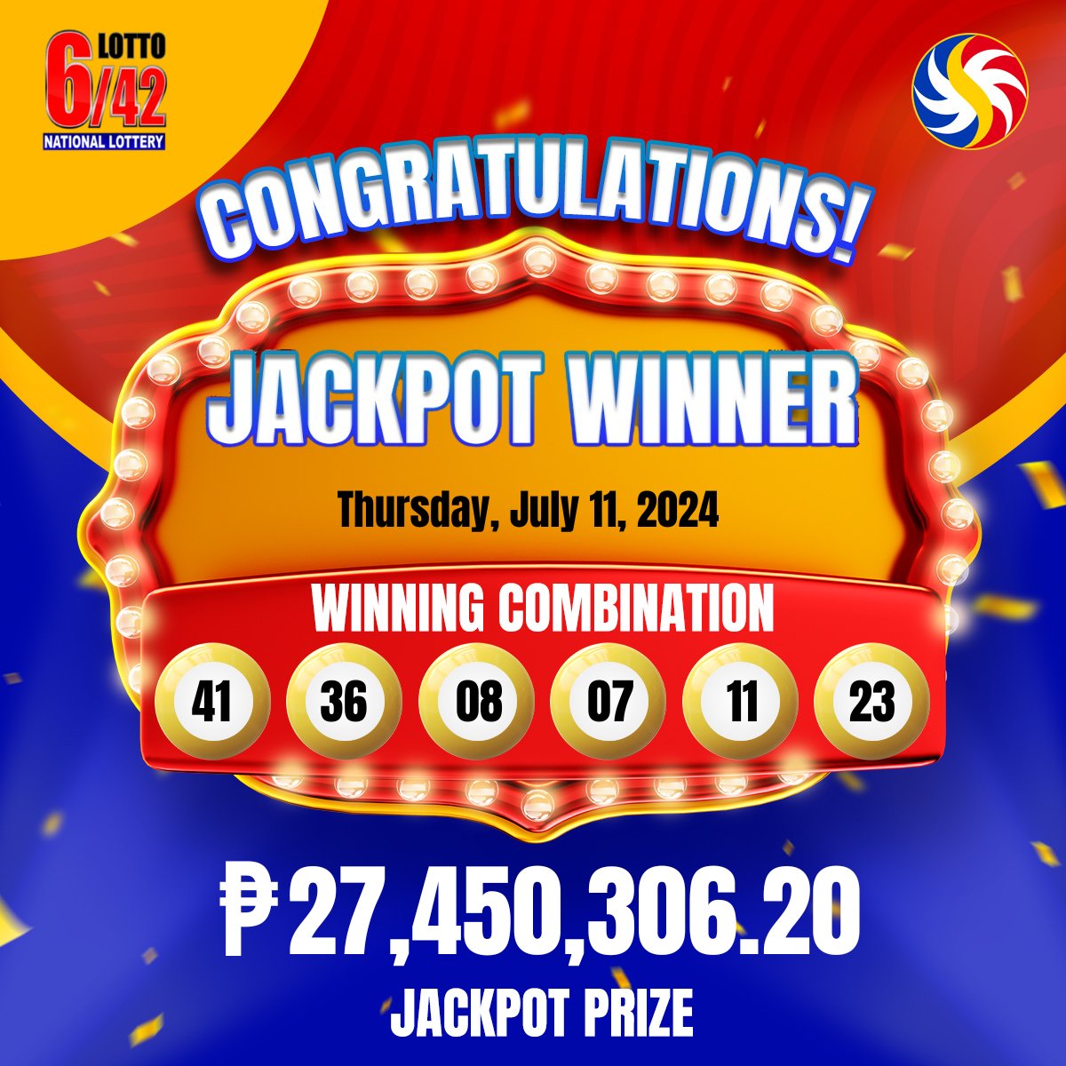 eLottoPCSO's tweet photo. We had millionaire last July 11, 2024, worth ₱27,450,306.20 with the winning combination of 41-36-08-07-11-23 

https://t.co/6d4mwf7BQS #elottopcso #elotto
 
#jackpotwinner #pcso #pcsolivedraw #pcsolottoresults #lotto642 #swerte #panalotto 

https://t.co/t492AQMIrw https://t.co/0bmp0MsOGJ