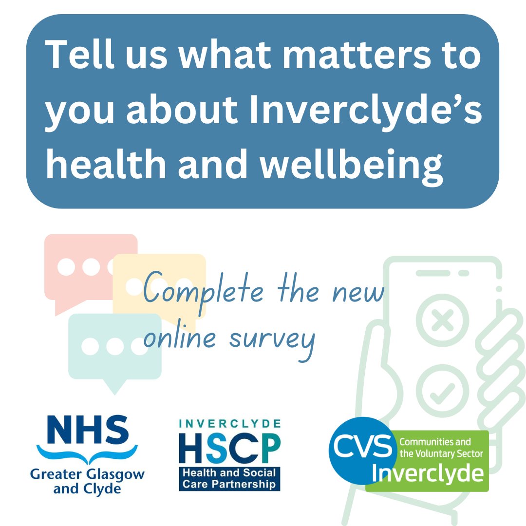 Tell us your views, experiences and idea about Inverclyde’s health and wellbeing.

🏥 Access to services
🍏 Healthy eating
🚶‍♀️ Physical activity 
🤝 Community involvement

Take the online survey: cvsinverclyde.org.uk/get-involved/i…
