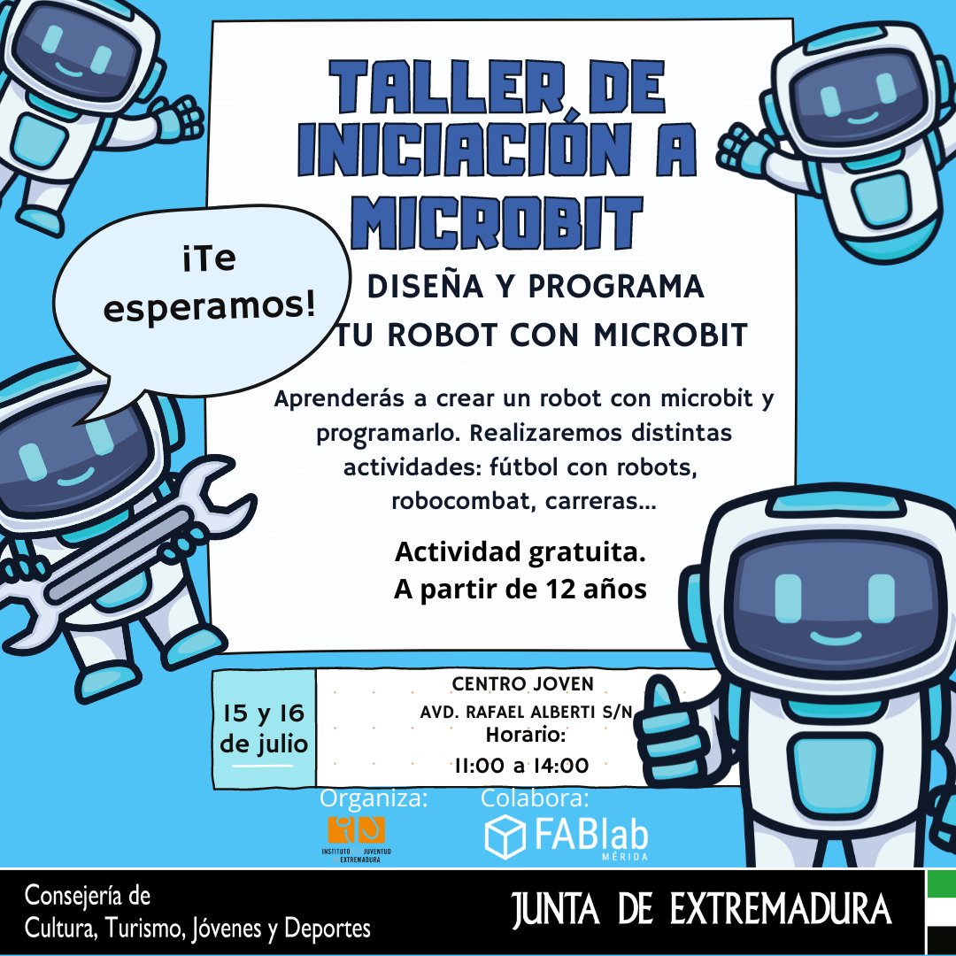 ECJ Almendralejo (@ecjalmendralejo) on Twitter photo TALLER DE INICIACIÓN A MICROBIT. 
El próximo lunes 15 y martes 16 de julio tendremos en el Espacio para la Creación joven de Almendralejo un taller de iniciación a microbit. 
Reserva tu plaza llamando al 924017656 o en el Centro Joven (Av. Rafael Alberti s/n)
<a href="/IJExtremadura/">IJEXtremadura</a> TALLER DE INICIACIÓN A MICROBIT. 
El próximo lunes 15 y martes 16 de julio tendremos en el Espacio para la Creación joven de Almendralejo un taller de iniciación a microbit. 
Reserva tu plaza llamando al 924017656 o en el Centro Joven (Av. Rafael Alberti s/n)
<a href="/IJExtremadura/">IJEXtremadura</a>