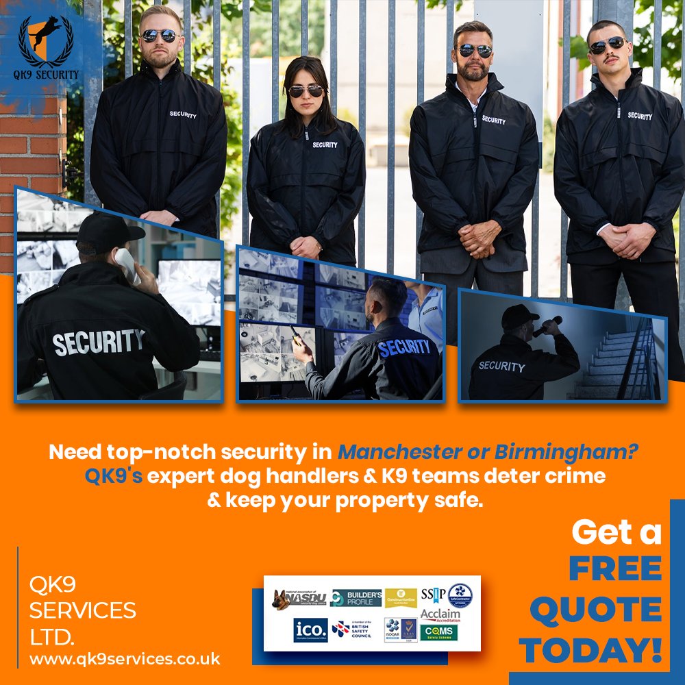 Need top-notch security in Manchester or Birmingham? ‍ QK9's expert dog handlers &amp; K9 teams deter crime &amp; keep your property safe. #ManchesterSecurity #BirminghamSecurity #qk9 #k9services