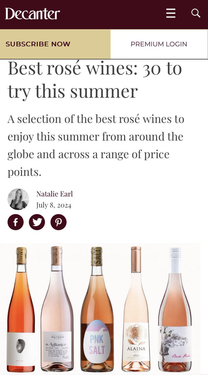 Thank you Natalie Earl <a href="/Decanter/">Decanter</a> for recommending Alaina rosé as one of your top 30 rosé wines for summer 🙏

“This is pale pink and showing refreshing notes of tart cranberries, grapefruit and raspberry in a bright and spritzy style . Delightfully easy and breezy…”