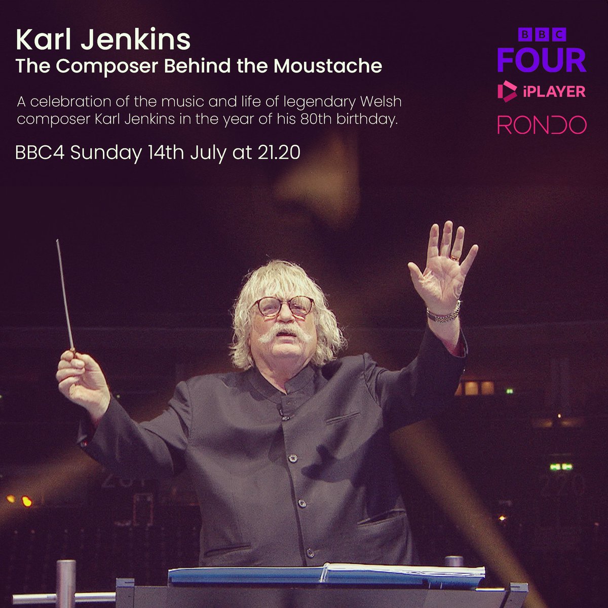 📺 Karl Jenkins:  The Composer Behind the Moustache 
🗓️ Nos Sul am 9.20 ar BBC 4
🎶 Rhaglen yn dathlu gyrfa a bywyd y cyfansoddwr Karl Jenkins

🗓️ Sunday 9.20pm BBC 4  
🎶 A documentary celebrating one of the most influential composers of our time