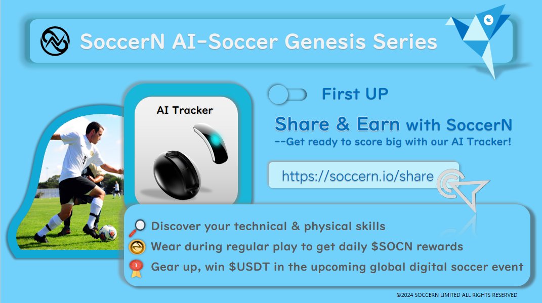 🥳 Get ready for the #UEFA2024  relay! Kick off your summer with SoccerN's AI-Soccer Genesis Series! ⚽️

🎁 First up: Share &amp; Earn Campaign
soccern.io/share
&gt;Connect wallet;
&gt;Earn SPT through daily tasks.
Earn more points for a better chance to win an AI Tracker, a