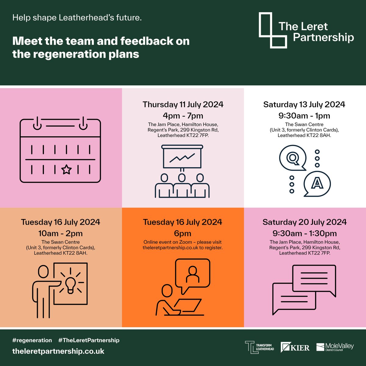 The Leret Partnership share the new dates for the Swan Centre as part of the Transform Leatherhead programme. Join us tomorrow, Saturday 13th July from 09:30 am - 1:00 pm and have your say! Meet the team and share your thoughts. For more info: bit.ly/4bgEUVS