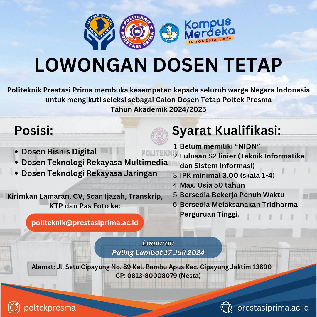 INFO LOKER ❗❗❗
Lowongan pekerjaan dosen di Politeknik Prestasi Prima - Jakarta Timur 
Deadline: 17 Juli 2024

#lokerdosen #infokerja #loker #dosen #guru #gurunasional #lowongan #lowongankerja #loker2024 #lokercot #jobs #pppk #cpns2024 #lokerjakarta