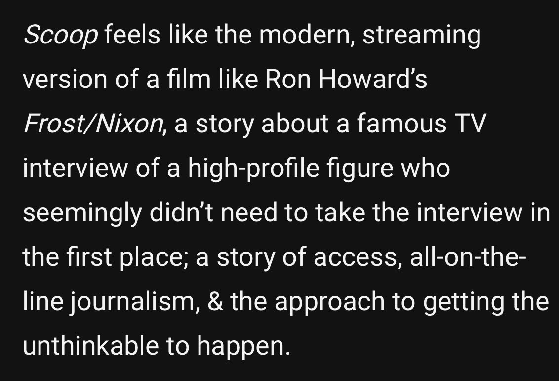 Fabulous to see Scoop in the top 10 films for 2024 

“Scoop feels like the modern, streaming version of a film like Ron Howard’s Frost/Nixon,”

Thanks so much <a href="/jokesondrew/">Andrew Morgan</a> 🙏🏻

<a href="/netflix/">Netflix</a> #Scoop