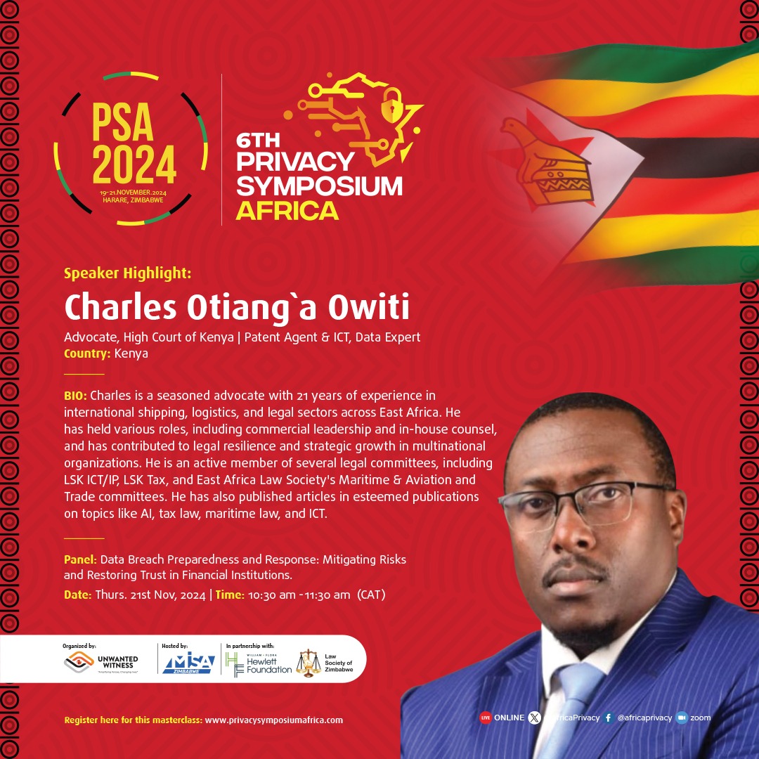 🌟 Introducing our speaker, Charles Otiangl'a Owiti!

 With 21 years in shipping, logistics, and East African law, he's led and fortified legal strategies in global organizations and is active in LSK committees.

 Don't miss his insights. Register 🔗bit.ly/3KdhzJk