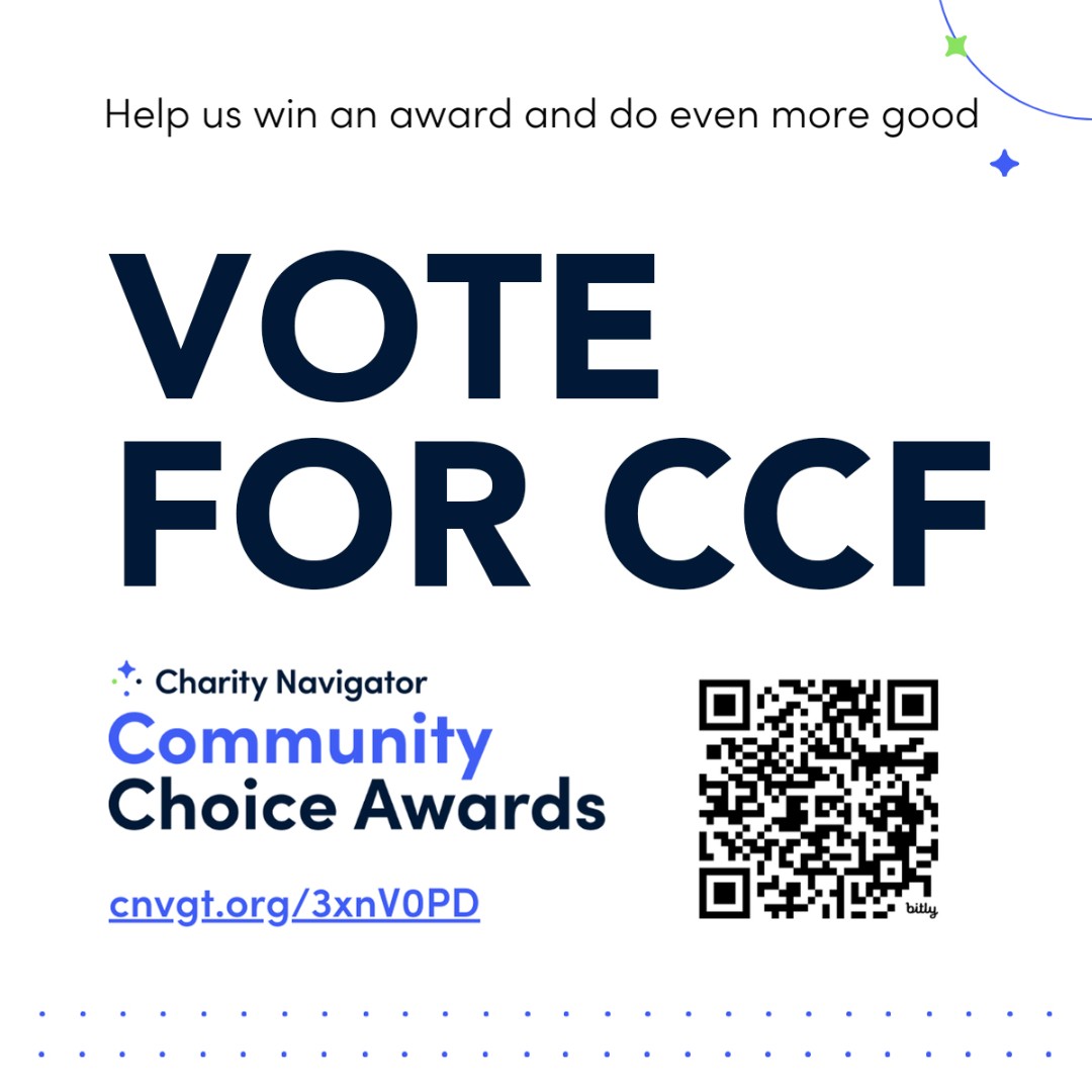 CCF has been nominated for a Community Choice Award by Charity Navigator, a leading independent charity evaluator, after 14 years of perfect scores. Voting will take place from July 8-17.

Help us and vote for CCF.

cnvgt.org/3xnV0PD

#CharityNavigator  #20YearsofCCF