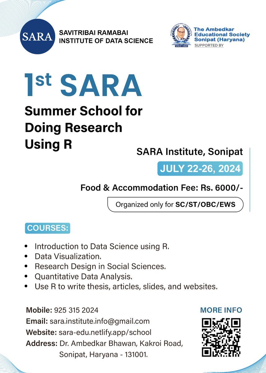 summer school in data analysis using R

this short course by <a href="/sara_institute/">SARA Institute of Data Science</a> looks like a wonderful opportunity for young researchers, especially in social sciences in India. 

more details: sara-edu.netlify.app/school

many thanks for this great initiative <a href="/ajay_kolii/">Dr. Ajay Kumar Koli, PhD</a> !!