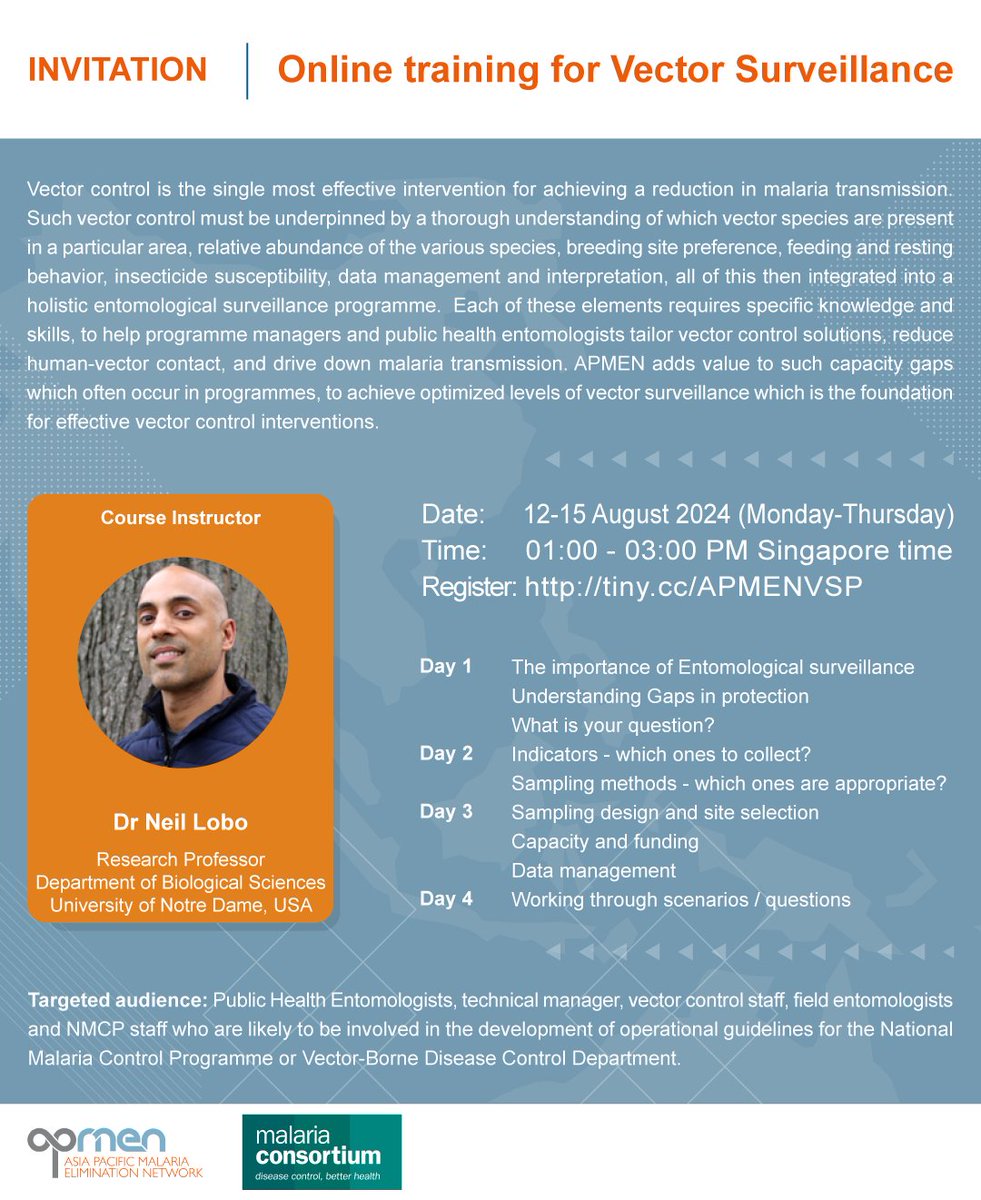 Training opportunity alert: apply for <a href="/APMEN/">Asia Pacific Malaria Elimination Network</a>'s Virtual Course on Malaria Vector Surveillance Planning Tools

🗓️ 12-15 August, 2024
🕐 1-3 pm Singapore Time

Register: aplma-org.zoom.us/meeting/regist…