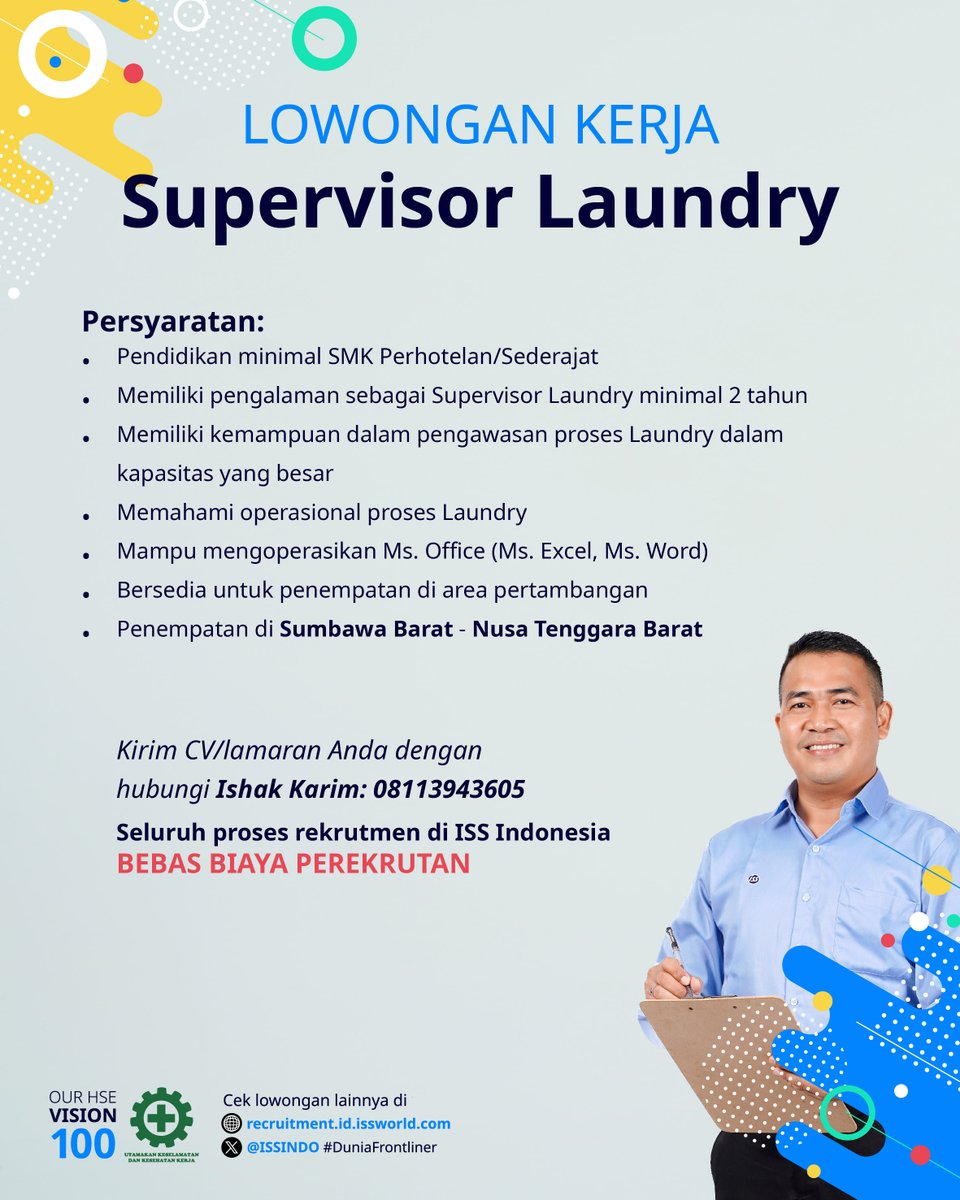 Sore Sobat Frontliner! Buat kamu yang berlokasi di Sumbawa Barat, Nusa Tenggara Barat, mimin ada info lowongan nih sebagai Supervisor Laundry. Buruan cek syarat lengkapnya dan pastikan kamu sesuai dengan kriterianya ya!