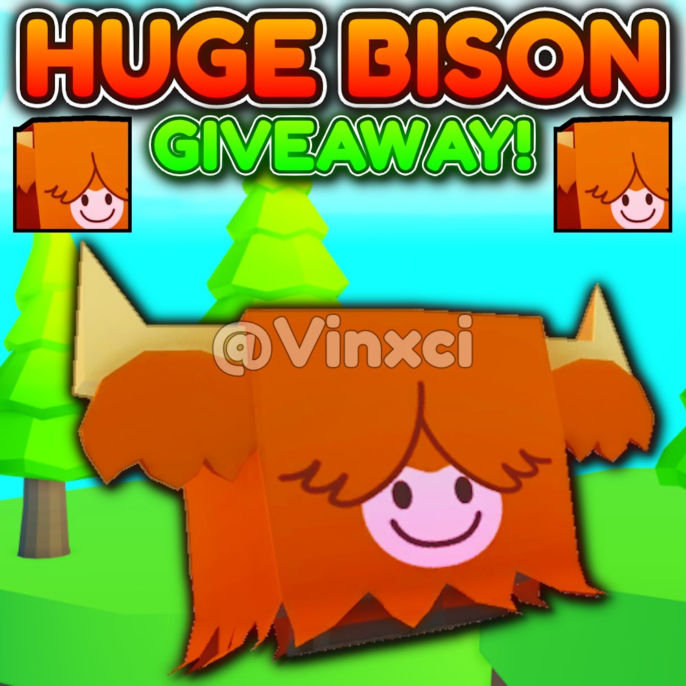 🟡HUGE BISON GIVEAWAY!🦬

🎉To Enter:

👍Follow <a href="/Vinxciiiii/">Vinxci</a> 
❤️Like the tweet!
🌟Retweet!
🥳Reply with Roblox Username!

📅Giveaway ends in 3 days! (7/15/24)
#PetSimulator99 #petsim99 #PS99 #petsim #PetSimulator #petsimx #roblox #PetSimulator99Giveaways