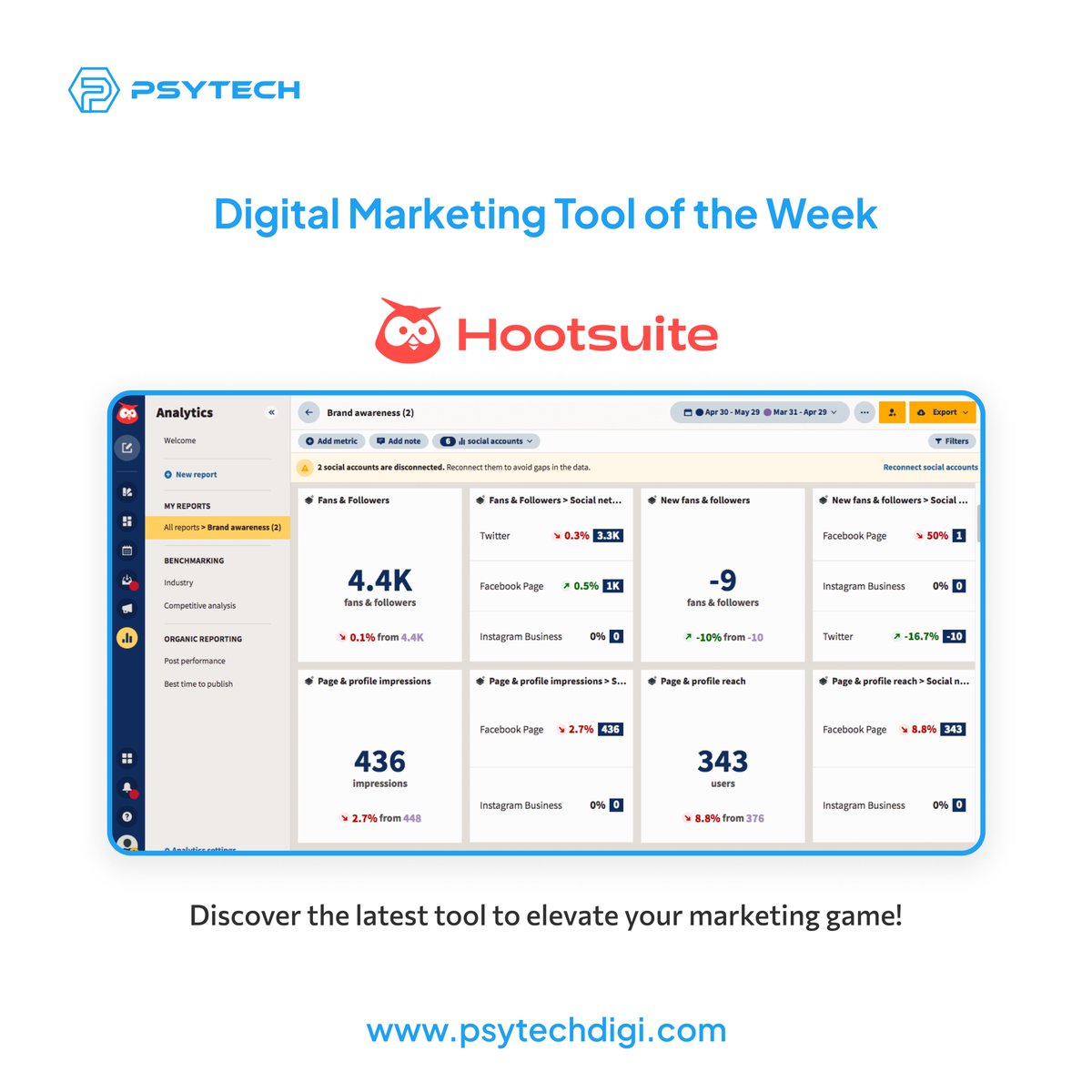 PsytechDigi's tweet image. Hootsuite! This powerful tool helps you schedule posts in advance, and track your performance with in-depth analytics. Try Hootsuite today and see the difference it can make.

#DigitalMarketing #MarketingTools #ToolOfTheWeek #PsyTech #Innovation #MarketingStrategy #Efficiency