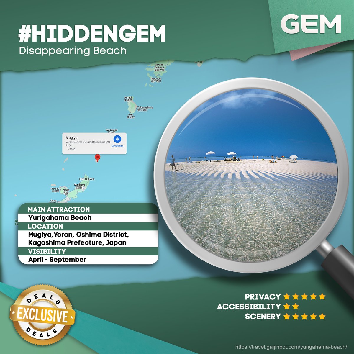 GEMtvasia's tweet photo. Catch it while you can: Yurigahama is a picture-perfect beach that actually disappears! With crystal-clear water and tons of relaxation time, this beach is a must-visit during summer. 🏝️

#GEMOnlyInJapan https://t.co/om9xkvrebu