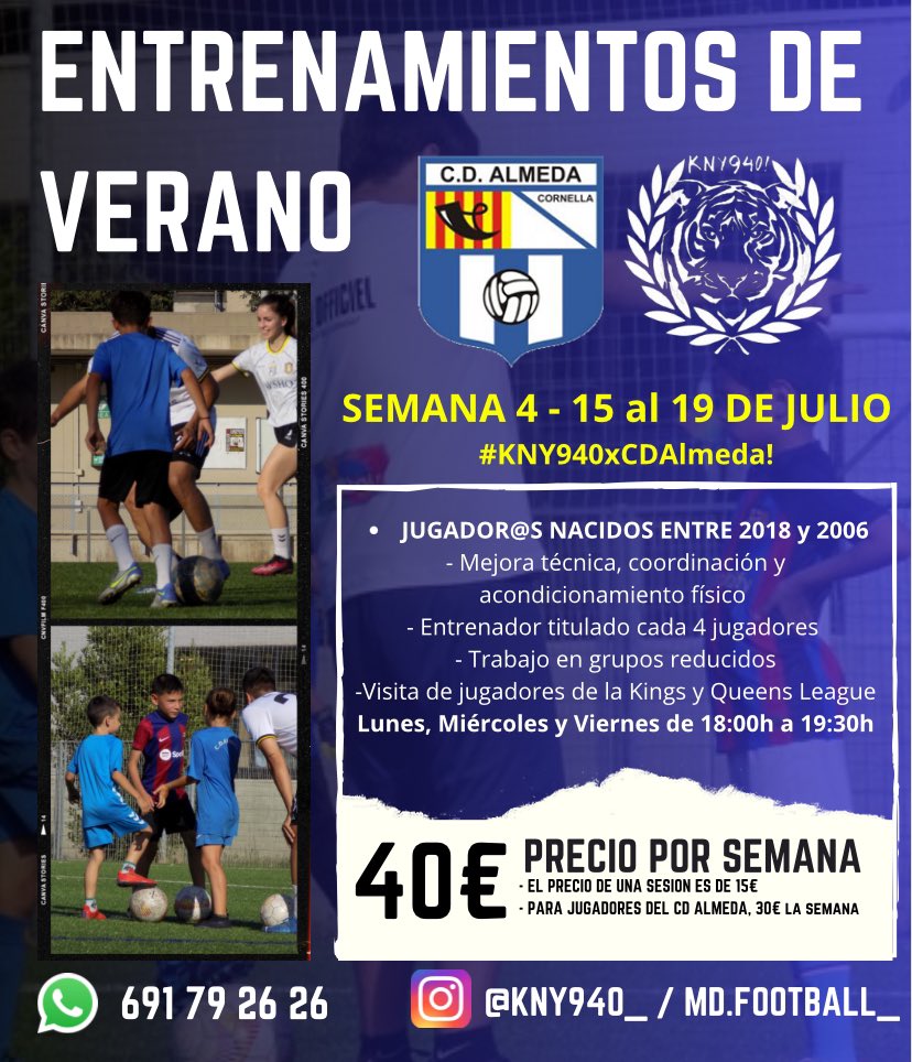 Ya están abiertas las inscripciones para la cuarta semana de #Tecnificación de #KNY940xCDAlmeda.

🤪 Entrenamientos con entrenadores titulados, dónde podrás mejorar tu técnica, coordinación y trabajar acondicionamiento físico. 

🧤 Especifico portero el miércoles