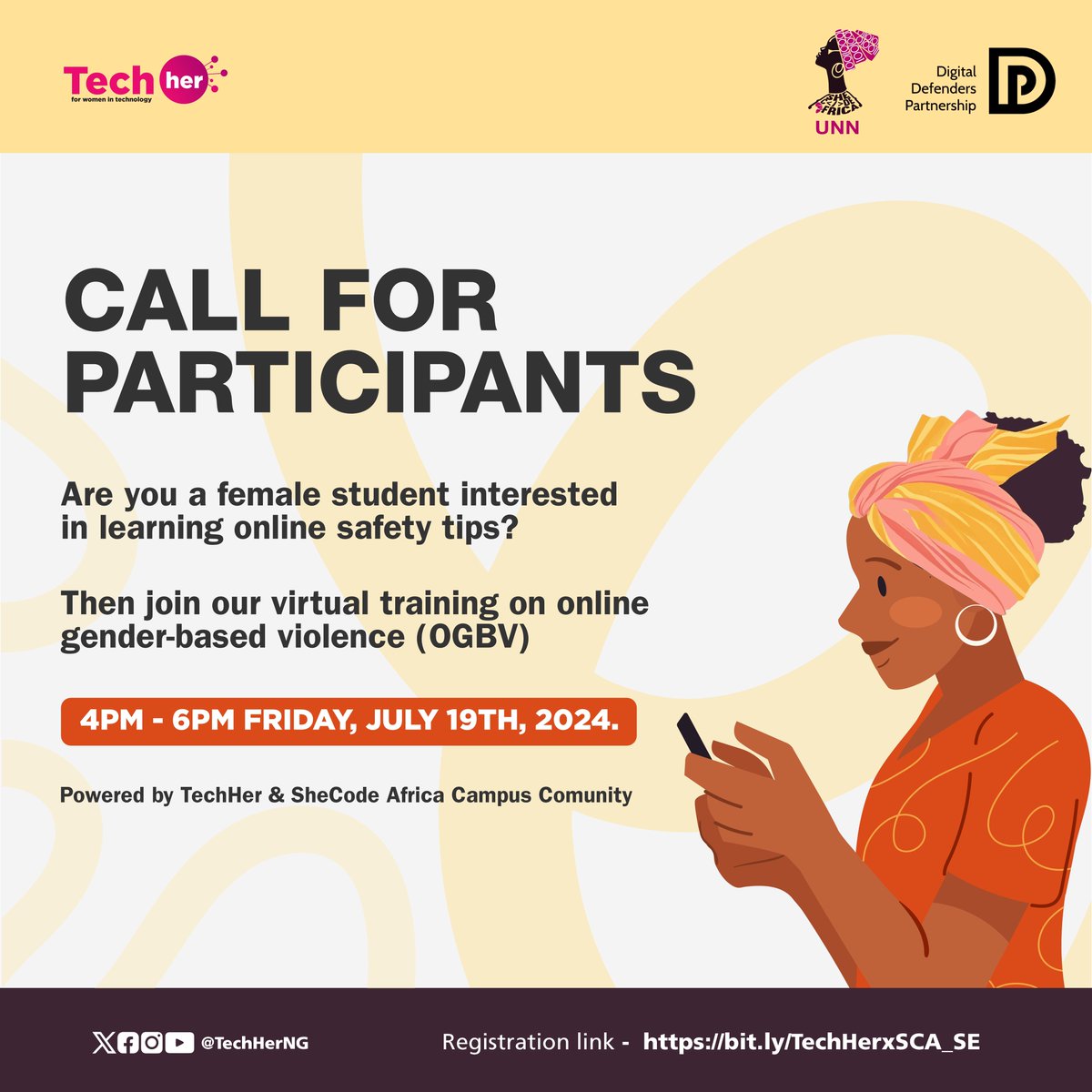 Want to learn how to protect yourself from online gender-based violence (OGBV)?

Join our FREE virtual training on July 19th, 2024, and become an online safety champion!

Here’s what you’ll gain:

- Discover tips, tricks, and strategies to stay safe in the digital world.
-