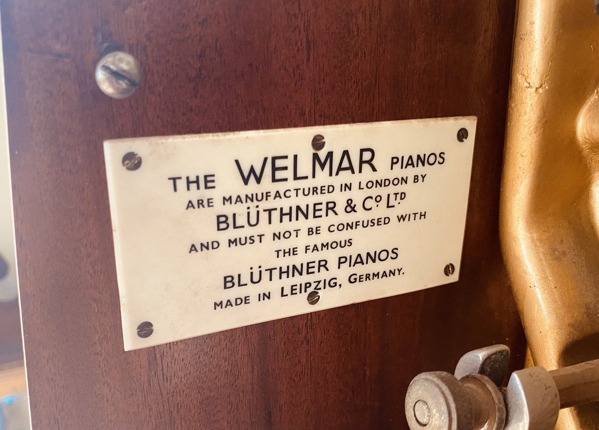The British piano trade was always the most quirky and gauche. I love the convoluted message on the inside of this ‘60s piano where nobody would ever see it, or care if they did &amp; in any case, there’s zero possibility of them conflating a Welmar with a Blüthner.