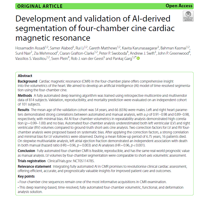 Hosamadin Assadi (@hosamassadi) on Twitter photo 1/3 We're thrilled to share our latest paper, Development and validation of AI‑derived segmentation of four‑chamber cine cardiac magnetic resonance.
rdcu.be/dNyaY
Huge thanks to our amazing team <a href="/UEAResearch/">UEA Research</a> <a href="/HEARTinMagnet/">Pankaj Garg</a> <a href="/vass_vassiliou/">Vass Vassiliou</a> <a href="/BSCMR/">BSCMR</a> #whyCMR #AI #CVImaging 1/3 We're thrilled to share our latest paper, Development and validation of AI‑derived segmentation of four‑chamber cine cardiac magnetic resonance.
rdcu.be/dNyaY
Huge thanks to our amazing team <a href="/UEAResearch/">UEA Research</a> <a href="/HEARTinMagnet/">Pankaj Garg</a> <a href="/vass_vassiliou/">Vass Vassiliou</a> <a href="/BSCMR/">BSCMR</a> #whyCMR #AI #CVImaging