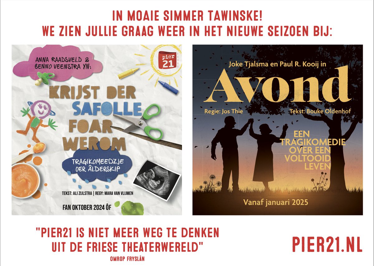 𝗜𝗻 𝗺𝗼𝗮𝗶𝗲 𝘀𝗶𝗺𝗺𝗲𝗿 𝘁𝗮𝘄𝗶𝗻𝘀𝗸𝗲! Hasto ús advertinsje ek spot yn de <a href="/lc_nl/">Leeuwarder Courant</a> of <a href="/frieschdagblad/">Friesch Dagblad</a> ? Wy sjogge jimme yn it nije seizoen graach werom by 𝘒𝘳𝘪𝘫𝘴𝘵 𝘥𝘦𝘳 𝘴𝘢𝘧𝘰𝘭𝘭𝘦 𝘧𝘰𝘢𝘳 𝘸𝘦𝘳𝘰𝘮, Verhalenavond of 𝘈𝘷𝘰𝘯𝘥! Mear ynfo: pier21.nl