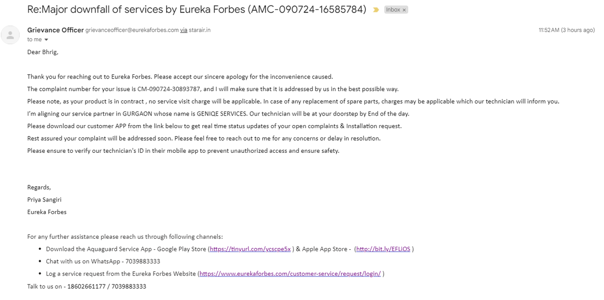 bhriganshu's tweet photo. @EurekaForbes Shame on you for still not being able to arrange a solution. @EurekaForbes https://t.co/GFbQ9e8aZ6