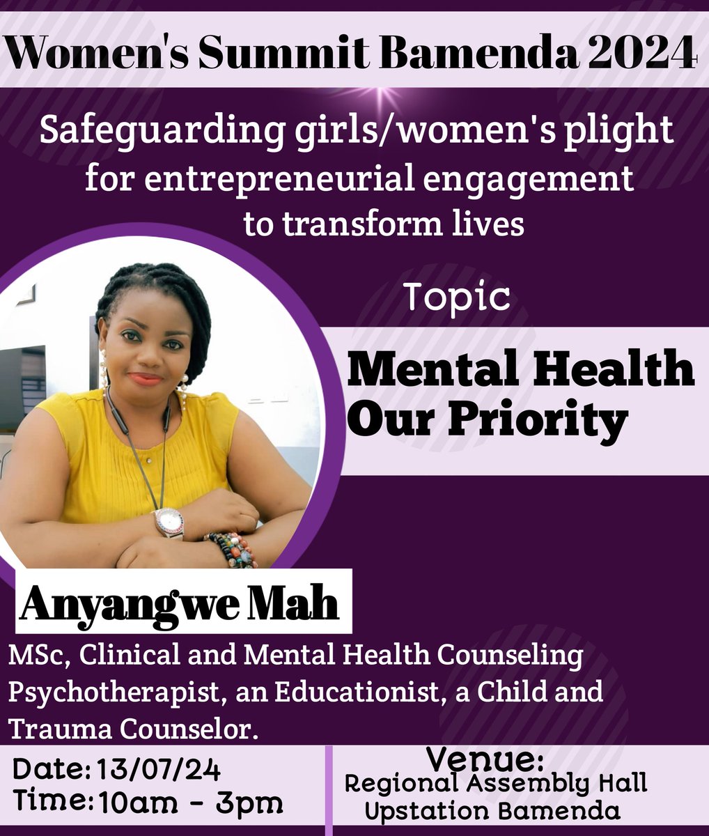 Introducing our next speaker for the women's summit 🥳🥳..Anyangwe Mah 
-MSc in Clinical Mental health counseling 
(PSYCHOTHERAPIST)
-Educationist,
-child and adolescent Trauma counselor,
Grief/Bereavement, stress management counselor.
-MHPSS Support Officer.