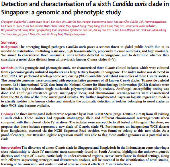 New research article 

Detection and characterisation of a sixth #Candida auris clade in Singapore: a genomic and phenotypic study

thelancet.com/journals/lanmi…

#AMR #OpenAccess #OA