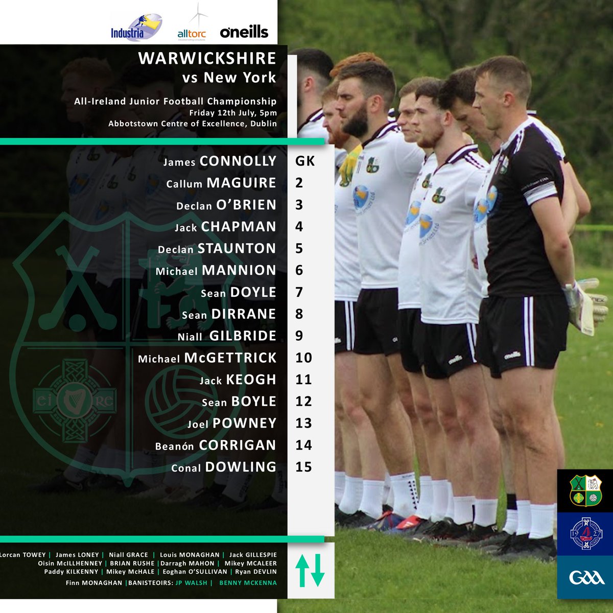 warwickshireclg's tweet image. Here is the Warwickshire Team line up this afternoon v @NewYorkGAA in the All Ireland Junior C’ship SF

From the entire county, those who have travelled to support you &amp;amp; those watching on @SportTG4 at home, the best of luck to the team!! 
@officialgaa 
#warwickshireabú ⚫️⚪️
