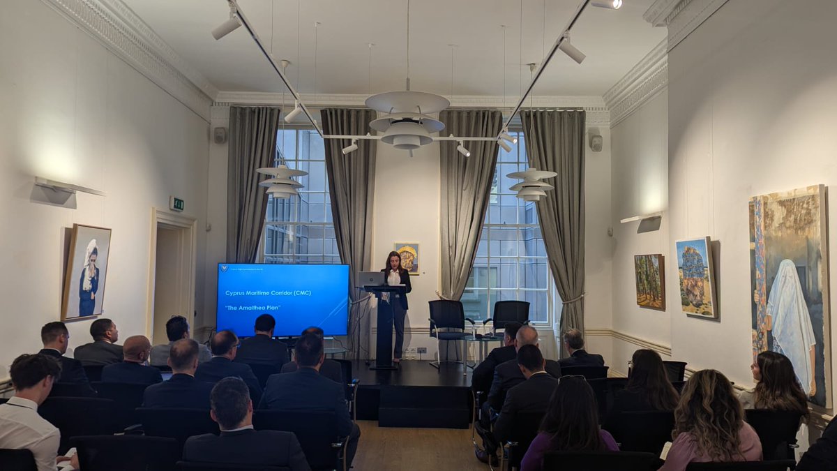 CyprusInUK's tweet photo. 🌍🤝CHC Defence Attaché Theocharis Onoufriou &amp; Political Counsellor Melivia Demetriou held today an informal briefing on the #Amalthea Plan to interested diplomatic missions at the Cyprus House. Fruitful discussions on int'l coop &amp; future strategies.  #CyprusMaritimeCorridor https://t.co/2lpEDdpSjH
