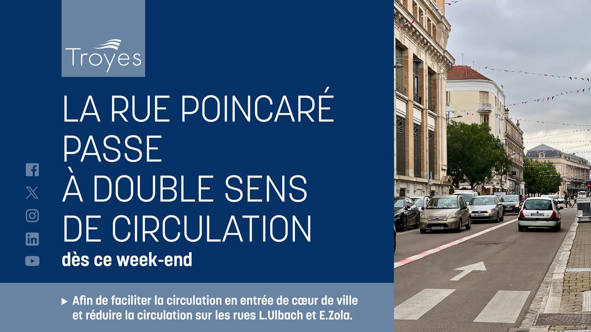 VilledeTroyes's tweet photo. LA RUE POINCARÉ PASSE À 2 SENS DE CIRCULATION
Dans le cadre des travaux de #requalification du quai de Comte-Henri, la circulation a été dévié et il a été proposé d'emprunter la rue Raymond-Poincaré de manière temporaire. 1/2 https://t.co/ET1yHfgP9S