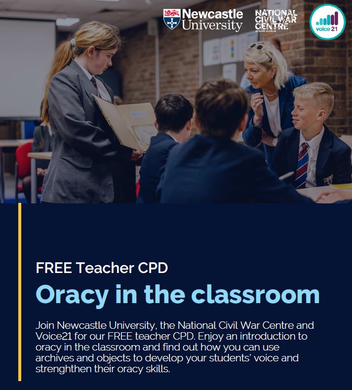 Newcastle University Library Education Outreach (@nclliboutreach) on Twitter photo Sign up for our FREE oracy in the classroom teacher CPD with @Voice21oracy and <a href="/civilwarcentre/">National Civil War Centre</a> in either Newcastle or Newark.
Newcastle:
newcastle-uk.libwizard.com/f/Oracy_CPD_Ne…
Newark:
newcastle-uk.libwizard.com/f/oracy_CPD_Ne… Sign up for our FREE oracy in the classroom teacher CPD with @Voice21oracy and <a href="/civilwarcentre/">National Civil War Centre</a> in either Newcastle or Newark.
Newcastle:
newcastle-uk.libwizard.com/f/Oracy_CPD_Ne…
Newark:
newcastle-uk.libwizard.com/f/oracy_CPD_Ne…