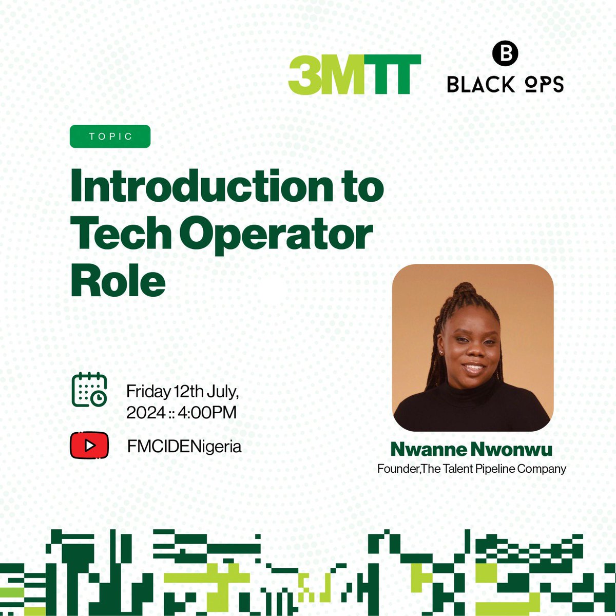Few minutes to go! Join us at 4:00 pm for our webinar where we will discuss “Introduction to Tech Operator Roles” with <a href="/iamnwanne/">TheNwanneNwonwu</a>. 

Link: b.link/3MTTxBlackOps

This webinar is in partnership with <a href="/OpsCatalyst/">Black Ops Catalyst</a> and <a href="/BlackOpsAfr/">Black Ops</a>

#MyCareerInTech #3MTTWebinar
