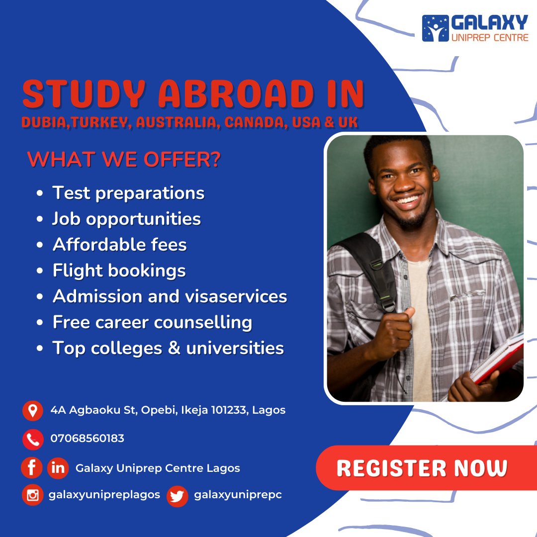 UniprepGalaxy's tweet photo. STUDY ABROAD IN: DUBIA,TURKEY, AUSTRALIA, CANADA,USA &amp; UK
REGISTER NOW-Call: 07068560183
WHAT WE OFFER?
- Test Preparations
- Job Opportunities
- Affordable Fees
- Flight Bookings
- Admission &amp; Visa Services
- Free Career Counselling
- Top Colleges &amp; Universities
#galaxyuniprep https://t.co/ei4eJzOx50