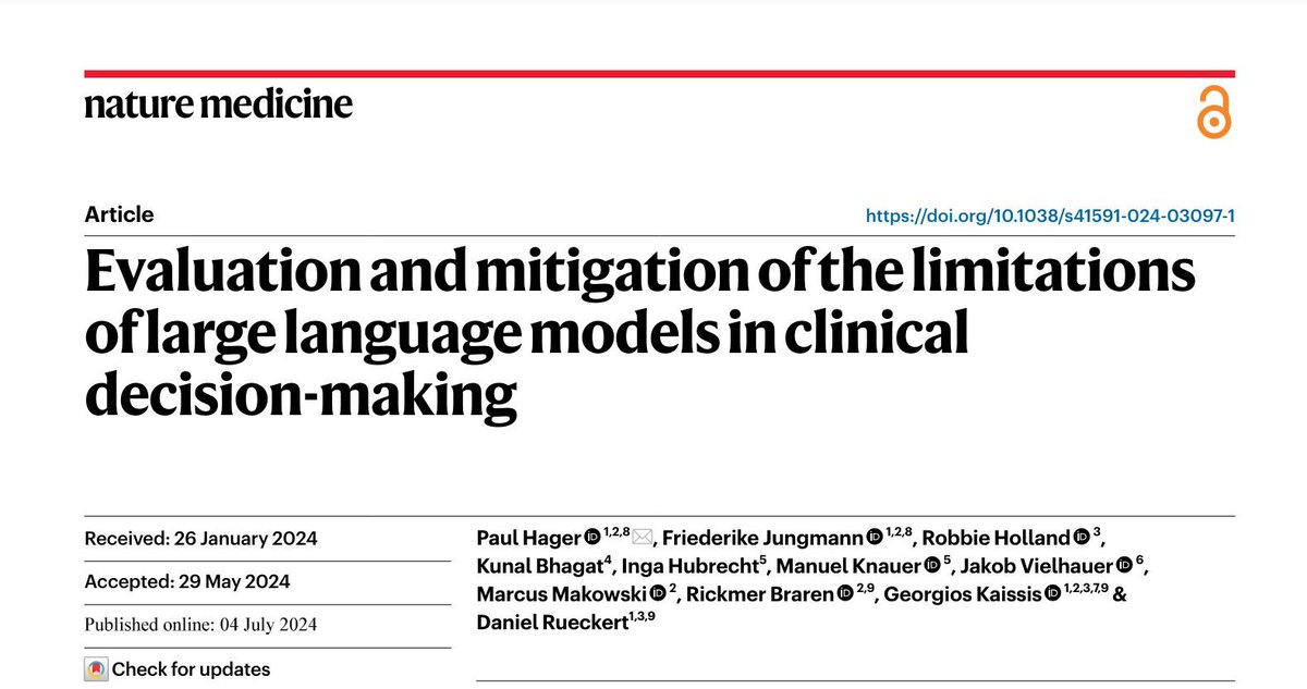 woojinrad's tweet photo. "We show that current state-of-the-art #LLMs do not accurately diagnose patients across all pathologies, follow neither diagnostic nor treatment guidelines, and cannot interpret laboratory results, thus posing a serious risk" @NatureMedicine 

https://t.co/pP5K3mhFeJ https://t.co/zoA3h41ZLK