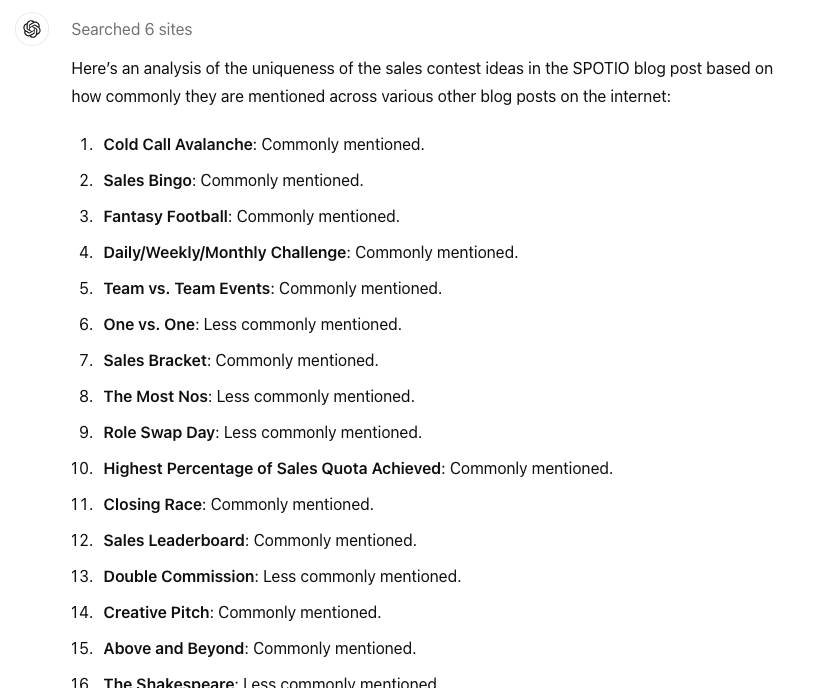 Playing with using ChatGPT to determine how *unique* your content is compared to others - ie: for a list of "sales content ideas" are they the same ideas you see everywhere already? Also, is there an SEO tool that does something like this? (screenshot is a random example)