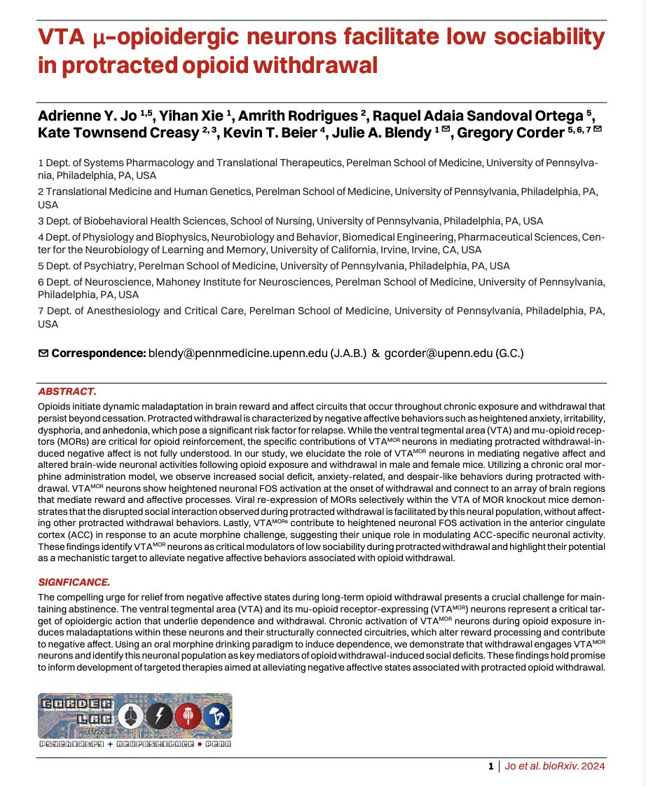 Adrienne Jo (@adrienne_jo_) on Twitter photo 🧠✨Thrilled to share our preprint - VTA µ-opioidergic neurons facilitate low sociability in protracted opioid withdrawal
biorxiv.org/content/10.110…
Collab: <a href="/FlyBottleEscape/">⚡️GREG_CORDER⚡️</a> + <a href="/julieblendy/">Julie Blendy</a> <a href="/PennMedicine/">Penn Medicine</a> 🧠✨Thrilled to share our preprint - VTA µ-opioidergic neurons facilitate low sociability in protracted opioid withdrawal
biorxiv.org/content/10.110…
Collab: <a href="/FlyBottleEscape/">⚡️GREG_CORDER⚡️</a> + <a href="/julieblendy/">Julie Blendy</a> <a href="/PennMedicine/">Penn Medicine</a>