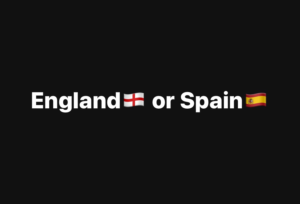 CoachesTrngRoom's tweet photo. England 🏴󠁧󠁢󠁥󠁮󠁧󠁿 or Spain 🇪🇸?

#euro2024 #eurochamps #eurochampionship https://t.co/O8vQLs0aYd
