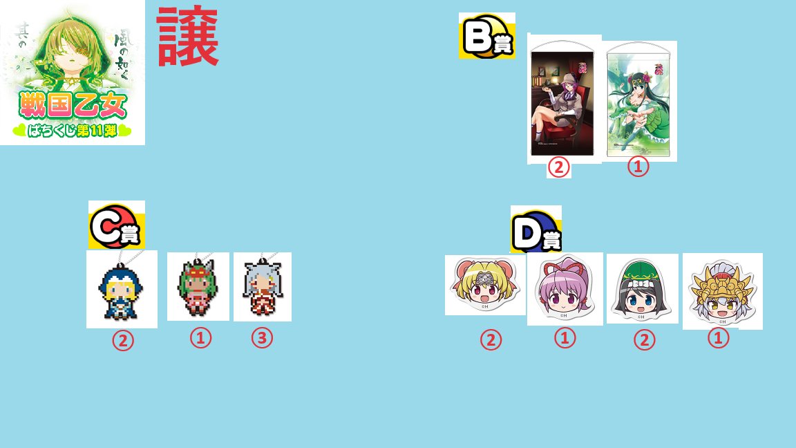 Taiin_PSO2's tweet photo. 戦国乙女　ぱちくじ11・12弾　交換【更新】
求　画像１、定価+送料（譲BCDのみ）
譲　画像２・３
固定・過去ポストに9・10弾、聞いていただければ４弾以降の過去弾（特に6・10弾）譲れるものが多数ありますので、お探しのものがありましたらお気軽にお聞きください！
#ぱちくじ #戦国乙女 https://t.co/e55rhDX0z4