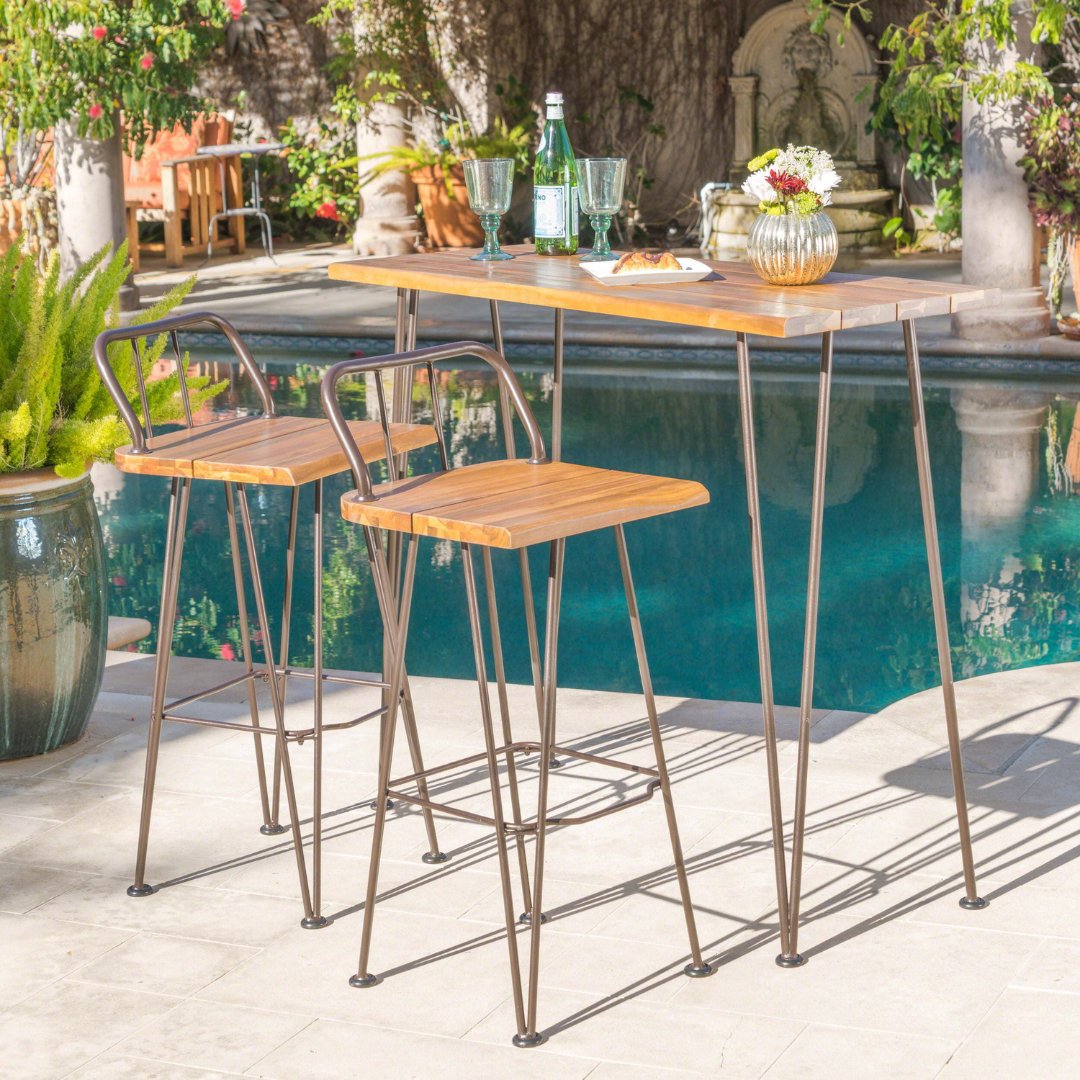 deck_oy_patio's tweet photo. Crafted with teak and rustic metal accents, this set brings industrial charm to your patio. Perfect for gatherings and enjoying drinks outdoors. 
#OutdoorBarSet #DeckOutYourPatio #PatioStyle #OutdoorEntertaining #HomeDecor #AcaciaWood #IndustrialDesign #RusticChic https://t.co/STAi9o2tNT
