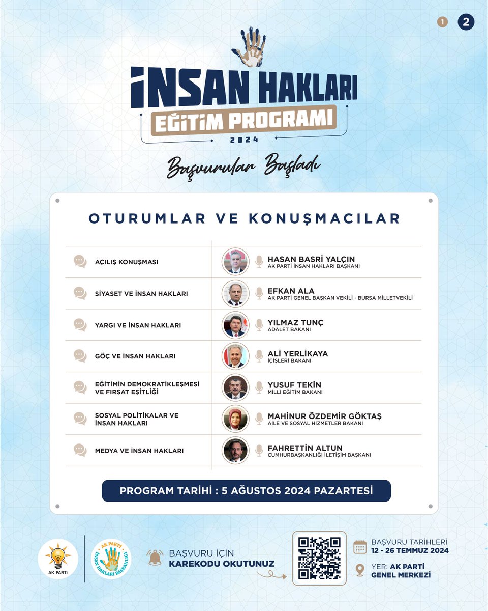 AkInsanHkl's tweet photo. Cumhurbaşkanımız Sayın @RTErdogan'ın teşrifleri ile gerçekleştireceğimiz İnsan Hakları Eğitim Programı başvuruları başladı.

📅5 Ağustos 2024
📍AK Parti Genel Merkezi

Kayıt olmak için formu doldurabilirsiniz! 👇📄👇
https://t.co/0npBmSW7dU https://t.co/UbMDgN9l8l