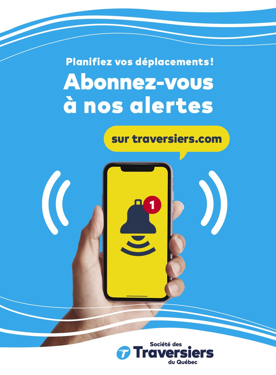 📲 Êtes-vous abonné à nos alertes?

🔔 Avec les alertes, vous recevez en temps réel les modifications de service de votre traverse
📨 Par courriel ou par texto, c’est vous qui décidez!

Pour vous inscrire aux alertes ➡️ traversiers.com