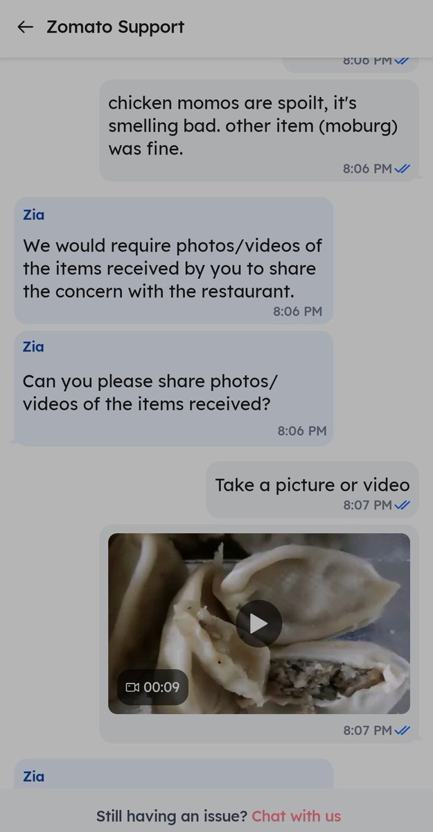 rohankaji's tweet photo. Once again, Incompetent Service Support from @zomato ! Even after providing photos and videos, awful resolution from a listed enterprise! @Wowmomo4u @zomatocare https://t.co/i91GQ7SoNa