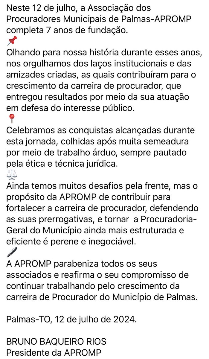 Neste 12 de julho, a Associação dos Procuradores Municipais de Palmas-APROMP completa 7 anos de fundação.
📌
Confira a mensagem do nosso presidente <a href="/BrunoBaqueiro/">Bruno Baqueiro</a> 👇🏽