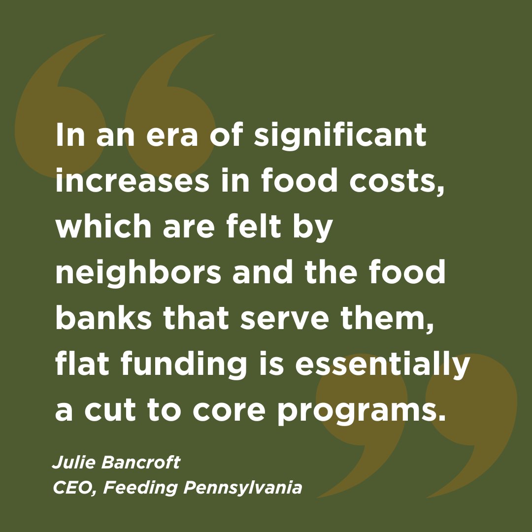 Feeding Pennsylvania is disappointed by the General Assembly’s decision to flat-fund core nutrition programs in the FY25 Commonwealth budget.

Read Feeding PA's full statement at bit.ly/FPA_FY25_Budge….
